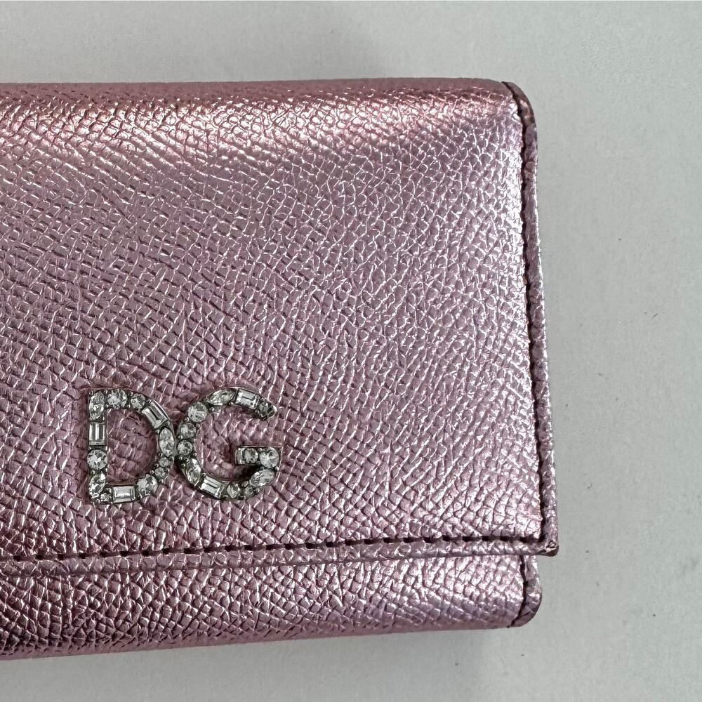 Dolce and Gabbana Trifold Metallic Dauphine Leather Small Wallet w/ Crystal Logo - Picture 7 of 13